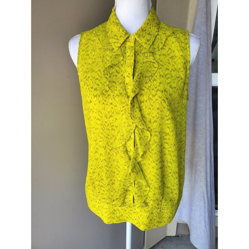 Cabi 3071 Women Small Lime‎ Yellow Ruffle Front Sleeveless Blouse Bright Shirt